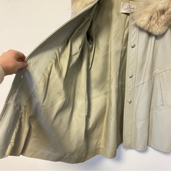 Vintage Fur Trimmed Opera Coat Gray Leather Silver Fox Jacket MobWife Womens S/M - Picture 8 of 13